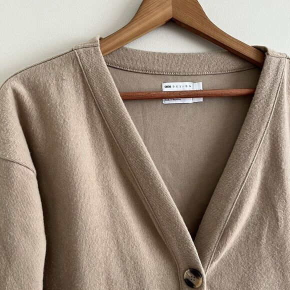 ASOS Oversized V neck Cardigan grandpa sweater Size 4 Fleece Sweater Tan Cotton - Picture 6 of 9